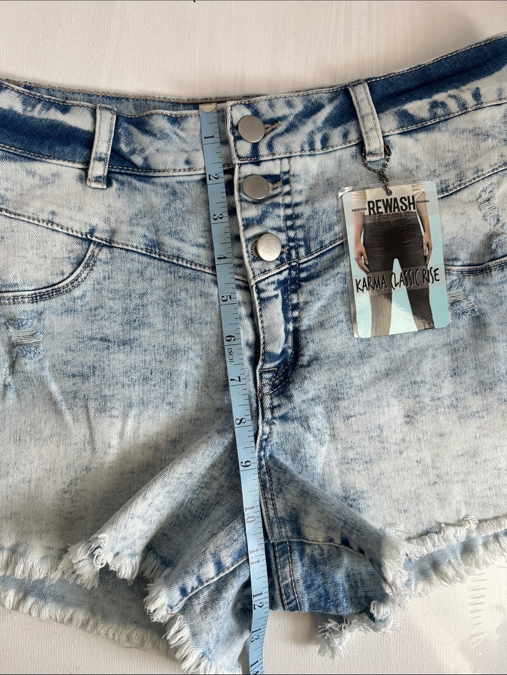 Rewash Brand Light Blue Acid Wash High-Rise Shortie Jean Shorts - Picture 7 of 9